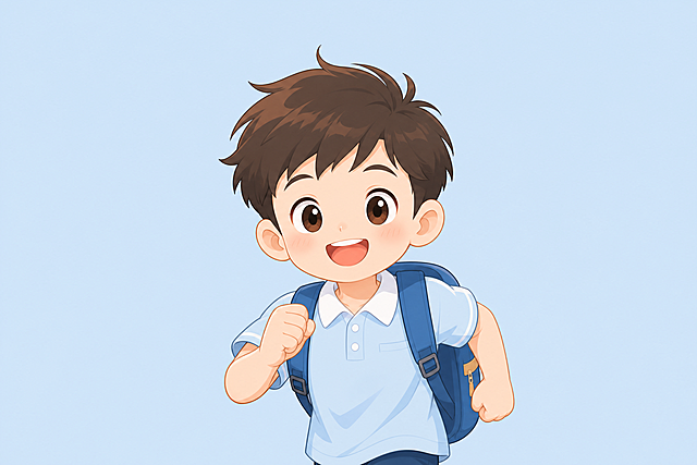 小程序课程封面，纯色淡蓝色背景，卡通小男孩背书包正面朝前方奔跑，居中半身卡通照，设计简洁清晰