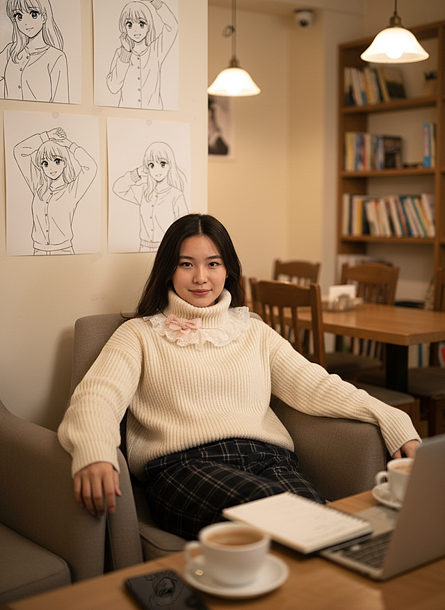 暖调灯光下的咖啡馆，女孩身着柔软毛衣与格纹裤，搭配手账风笔记本与动漫草图墙，营造出温馨、舒适又文艺的氛围。