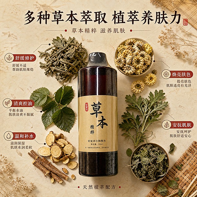 [主图-2] 多种草本成分解析图，突出草本萃取来源与养肤功效，中药风格。
[统一基调] 中药国风草本风格，主色为深棕、米黄、草木绿，背景为宣纸纹理、干草药、中药元素，暖调自然光，字体为干净宋体，标题深棕色，辅助文字深褐色，强调色朱砂红，整体温润有质感，小红书原生感。
[画面] 产品瓶身放在画面下方居中，占画面约35%，保持外观完全一致。瓶身上方与四周环绕多种真实草本植物原料（菊花、艾草、桑叶、甘草、薄荷等干草药），每种草本用细线引线连接到对应功效标签，形成成分环绕解析布局。背景为浅米色宣纸纹理，点缀散落的干花、叶脉、竹席一角。整体构图饱满，草本原料真实有质感。
[光影质感] 柔和顶光，草本植物纹理清晰，瓶身有自然高光，整体均匀明亮，商业摄影质感。
[配色] 米黄底色，深棕文字，草木绿草本植物，朱砂红强调标签。
[文字版式] 顶部主标题"多种草本萃取 植萃养肤力"，大号宋体。四周草本引线标签分别写"舒缓修护""清爽控油""温和补水""焕亮肤色""安抚肌肤"，每个标签配小图标。底部小字标注"天然植萃配方"。文字不遮挡产品主体，清晰可读。
[输出要求] 1:1正方形，产品清晰不变形，草本植物真实自然，文字清晰无错字，无化学成分名称，无生产厂家信息，无水印无平台Logo，无夸张绝对化用语。