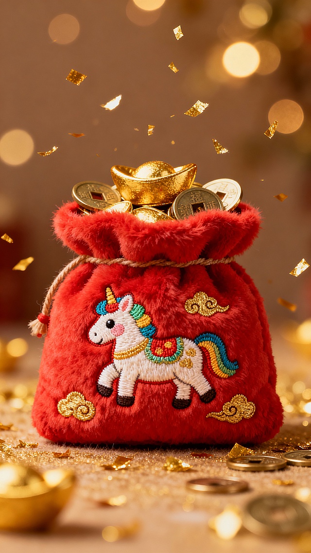 毛绒质感钱袋，钱带上有可爱彩色刺绣小马，红色软毛材质，袋口露出金灿灿的元宝和铜钱，钱袋上绣着金色小祥云，周围飘着细碎的毛绒金片，背景是暖金色模糊光斑，画面简洁不杂乱，