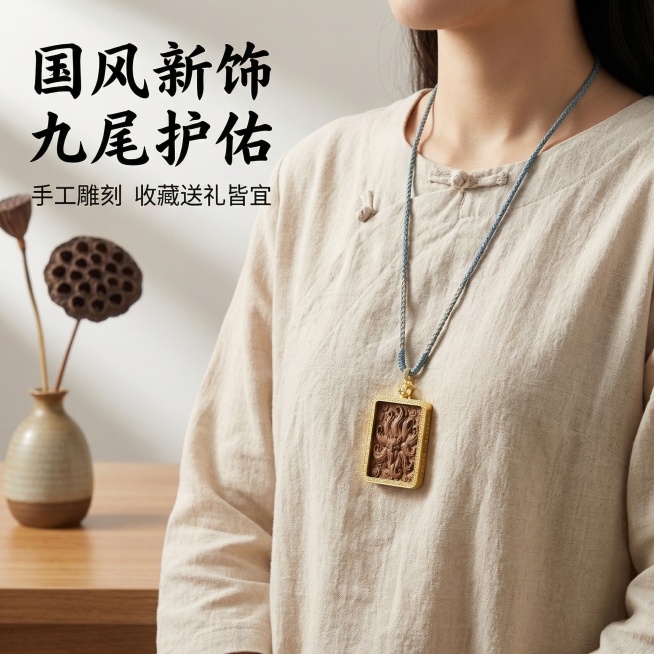 [主图 3] 唐卡九尾狐吊坠佩戴效果展示主图
[氛围/风格]自然生活化场景，国风雅致，质感真实
[画面元素]唐卡九尾狐吊坠佩戴在模特身上，展示佩戴效果，吊坠垂在胸前位置，模特身着浅素色中式禅意服饰，背预览效果