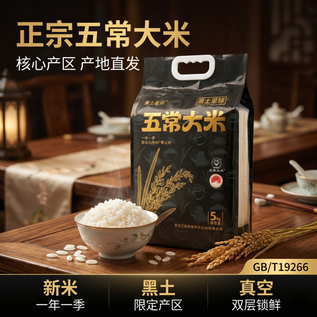 [主图 1] 五常大米产品首图，饭店餐厅木质餐桌场景。
[氛围风格] 大气高端黑金风格，浓郁食欲感，拼多多直白高吸引力风格
[画质] 商业摄影质感、光线柔和通透、产品清晰真实、画面干净高级。
[元素]预览效果