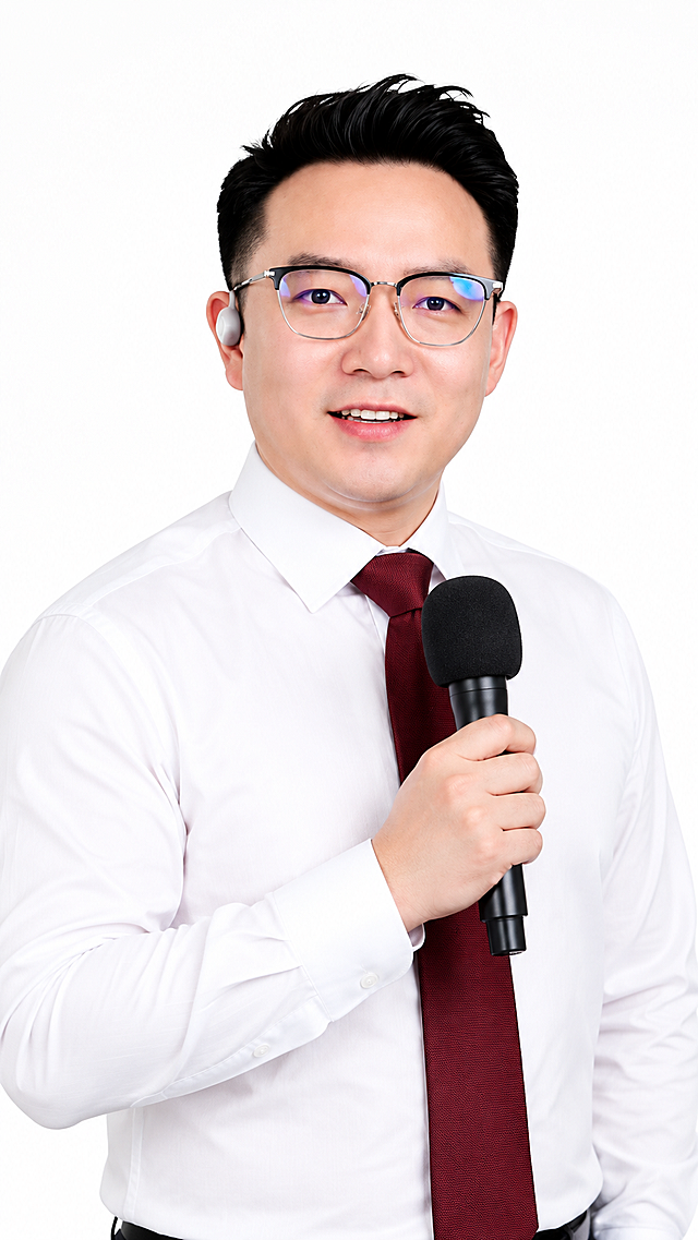 工作照人像生成，9:16竖版，2K高清。

人物：图1中的戴眼镜男性，面部五官、发型、气质保持原样，但体型比原图稍微胖一点，脸型圆润一些，显得更稳重。

服装：白色衬衫+深红色领带，整洁职业。

姿态：身体微微侧转约30-45度，脸部正对镜头，眼神直视镜头，专业自信。一只手拿着一个麦克风靠近胸前，另一只手自然放下。

构图：半身肖像照（腰部以上），头顶留白适中，画面干净。

背景：纯白色背景，干净明亮，无杂物。

光线：柔和均匀的职业摄影棚灯光，肤色自然，衣服质感清晰。

整体氛围：专业、自信、职业化海报风格。