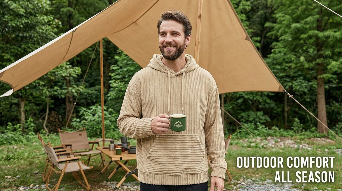 欧美男士户外露营，穿着图中的卡其色灯芯绒连帽卫衣，站在营地的天幕下，身后是绿色的树林和折叠桌椅，手里拿着露营水杯，画面右下角加英文文案“OUTDOOR COMFORT ALL SEASON”，卫衣的灯预览效果
