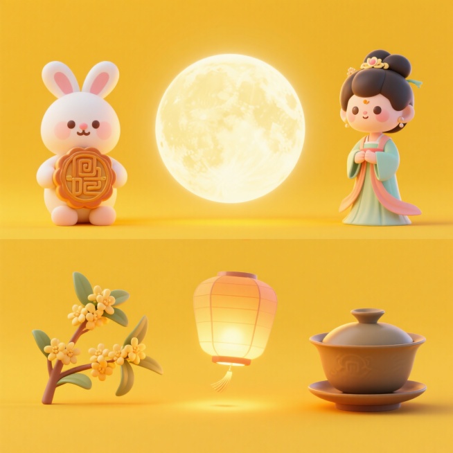 6个中秋素材组合，可爱电商促销感。素材包括：第一个玉兔（抱着月饼）；第二个Q版嫦娥；第三个月亮；第四个桂花；第五个孔明灯；第六个茶具。画面整体呈现鲜艳效果，金黄色背景。上下两行，排列整齐预览效果
