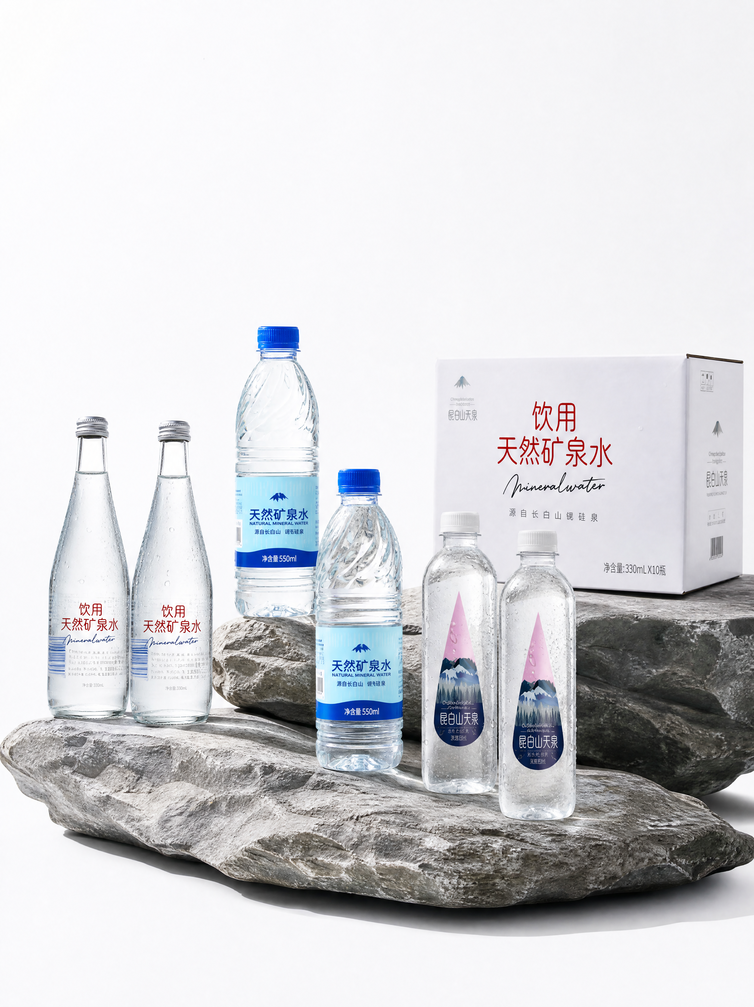 将图中所有矿泉水产品（2瓶玻璃瓶装饮用天然矿泉水、2瓶蓝色瓶盖… - 图片创意预览