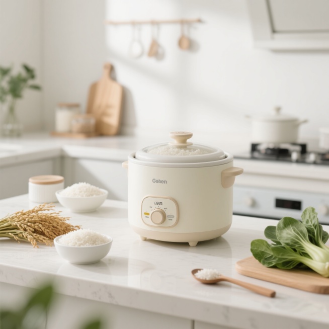 中心构图的米白色电饭煲，周围环绕厨房台面及新鲜食材，包括白米、稻穗、绿叶蔬菜，现代简约风格，温馨自然氛围，明亮柔和光线，高清质感，白色背景预览效果