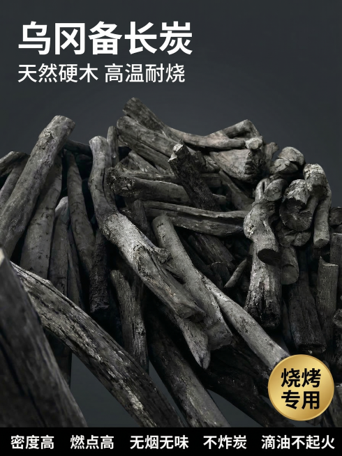 [垫图] https://dify-grsai.dancf.com/images/0eca99a2f36c4d2bb6a40b4a2b7ea358.png
[主图主题] 乌冈备长炭高端烧烤炭主图
[氛预览效果