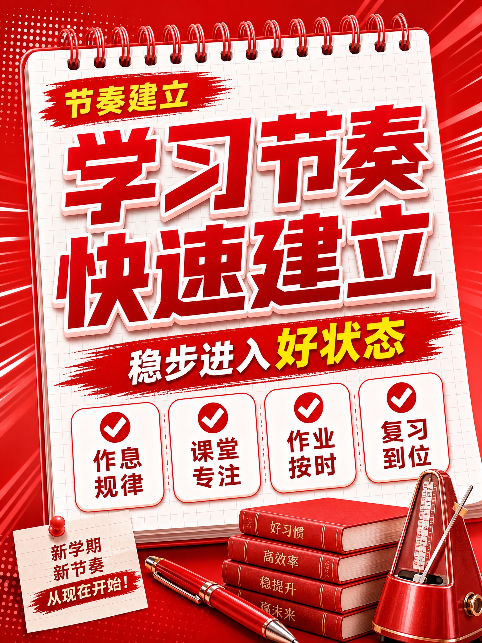红色商务立体字风格开学季竖版海报，红色线圈笔记本构图布局。画面… - 图片创意预览