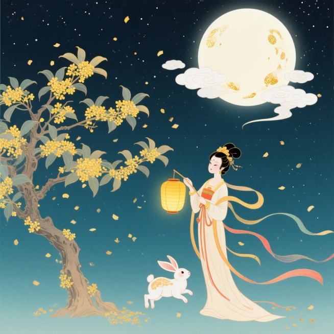 嫦娥站在桂花树下，提着一盏灯笼。桂花纷纷飘落。周围有玉兔互动，融入圆月、祥云等中秋元素，背景星空，色彩柔和明亮，营造温暖这中秋氛围预览效果