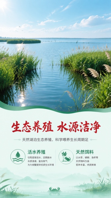 [第5屏] 大闸蟹生态养殖环境展示页，展示澄鲜香大闸蟹原生态养殖水域。
[氛围/风格] 原生态自然氛围，清新水乡湖泊实景，自然风光摄影质感，突出绿色天然养殖理念。
[元素布局] 画面上半部分是开阔阳澄预览效果