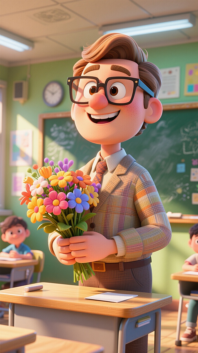 3D卡通风格，拟人化老师手捧鲜花，教室氛围清新明亮，充满童趣与温馨。