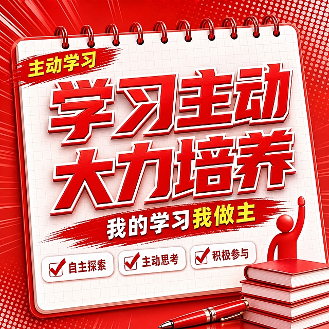 红色商务立体字风格开学季方版海报，红色线圈笔记本构图布局。画面比例1:1方版。画面主体是白色线圈笔记本背景，带网格纹理，顶部红色线圈环。左上角红色笔刷标签写着"主动学习"，黄色文字。中央超大号红色立体字主标题分两行：第一行"学习主动"，第二行"大力培养"，带白色描边，视觉冲击力强。下方红色笔刷底纹配白色文字副标题"我的学习我做主"，"我做主"三个字用金黄色突出。底部三个白色圆角对勾框横向排列，红色对勾图标："自主探索""主动思考""积极参与"。右下角装饰：堆叠的红色书本、红色钢笔、举手小人。整体红色渐变背景带白色波点和速度线装饰，商务大气，文案醒目突出，适合手机端阅读。画面中所有信息区域必须填充完整合理的内容，不得出现空白框。
