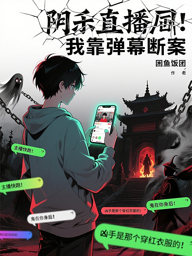 悬疑灵异小说封面，前景是穿现代卫衣的年轻人背影，手持发光手机，手机屏幕是直播间界面，飘着弹幕“主播快跑！”“鬼在你身后！”“凶手是那个穿红衣服的！”，背景是阴森昏暗的地府，有鬼火、阎罗殿剪影、鬼差锁链，呈水墨画烟雾状，手机冷光照射人物和周围场景，光线对比强烈，底色为黑、深灰、暗红，手机冷白光和弹幕荧光绿/彩色为亮点。上方用带破碎感篆书风格字体写书名《阴司直播：我靠弹幕断案》，“我靠弹幕断案”用科技感黑体，书名周围漂浮关键弹幕装饰，角落标注作者“困鱼饭团”，整体诡谲有悬疑氛围