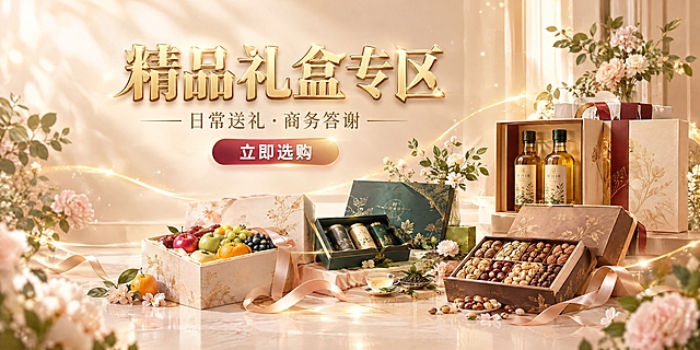 横版高端电商促销广告图，中高端精品超市平日礼盒专区，整体唯美柔和优雅，温暖有格调，面向女性受众，灵动柔美，非节假日主题，无任何节日元素。画面主体为精致陈列的精品礼盒，错落有致地分布在画面中下部及右侧，包含水果礼盒、茶叶礼盒、坚果礼盒、营养食用油礼盒，礼盒包装精致柔美，搭配飘逸柔滑丝带、细腻烫金纹饰、柔美鲜花、清新绿植点缀，暖调柔光，柔和金色光带缓缓流动，细碎星芒，温润光晕，氛围浪漫柔美。色彩以香槟金、米白、暖金、奶油色为主色调，酒红、墨绿、浅棕作为点缀色，整体色调柔和统一，过渡自然，高级奶油质感，色彩和谐柔美。电影级柔光质感，3D渲染+顶级商业摄影质感，轻奢雅致，光影柔和细腻，明暗过渡自然，空气感强。构图均衡协调，避免左轻右重，礼盒疏密有致分布，大面积干净留白，呼吸感强。主标题"精品礼盒专区"位于画面中上部居中偏左位置，超大醒目烫金立体字，宋体加粗，细腻金色描边，温润发光效果，占画面宽度约50%，字体优雅大气柔美，是画面视觉中心，与整体画面协调融合。副标题"日常送礼·商务答谢"，香槟金色，纤细优雅字体，位于主标题下方居中。主标题下方居中位置圆角矩形按钮，酒红到香槟金柔和渐变，白色粗体"立即选购"，微立体光晕，精致柔美。画面仅三处文字，无背景文字、小字、水印、二维码、logo，无多余元素。整体氛围唯美、雅致、柔和、灵动，女性化柔美气质，装饰元素点缀恰到好处，不堆砌不杂乱，构图平衡协调。