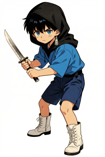 精美动漫风格，古早漫画质感，穿着黑色兜帽，蓝色上衣，黑发蓝眼的正太，双手握刀，警惕地观察着周围，佩戴单边银饰流苏耳饰，深蓝色短裤，搭配白色皮靴，纯白色背景预览效果