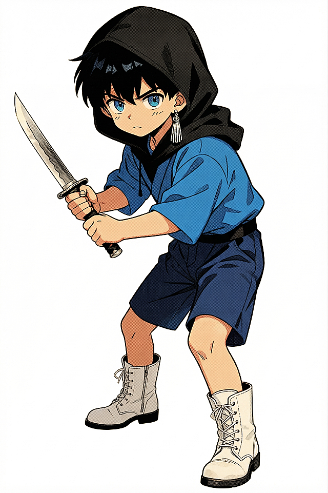 精美动漫风格，古早漫画质感，穿着黑色兜帽，蓝色上衣，黑发蓝眼的正太，双手握刀，警惕地观察着周围，佩戴单边银饰流苏耳饰，深蓝色短裤，搭配白色皮靴，纯白色背景