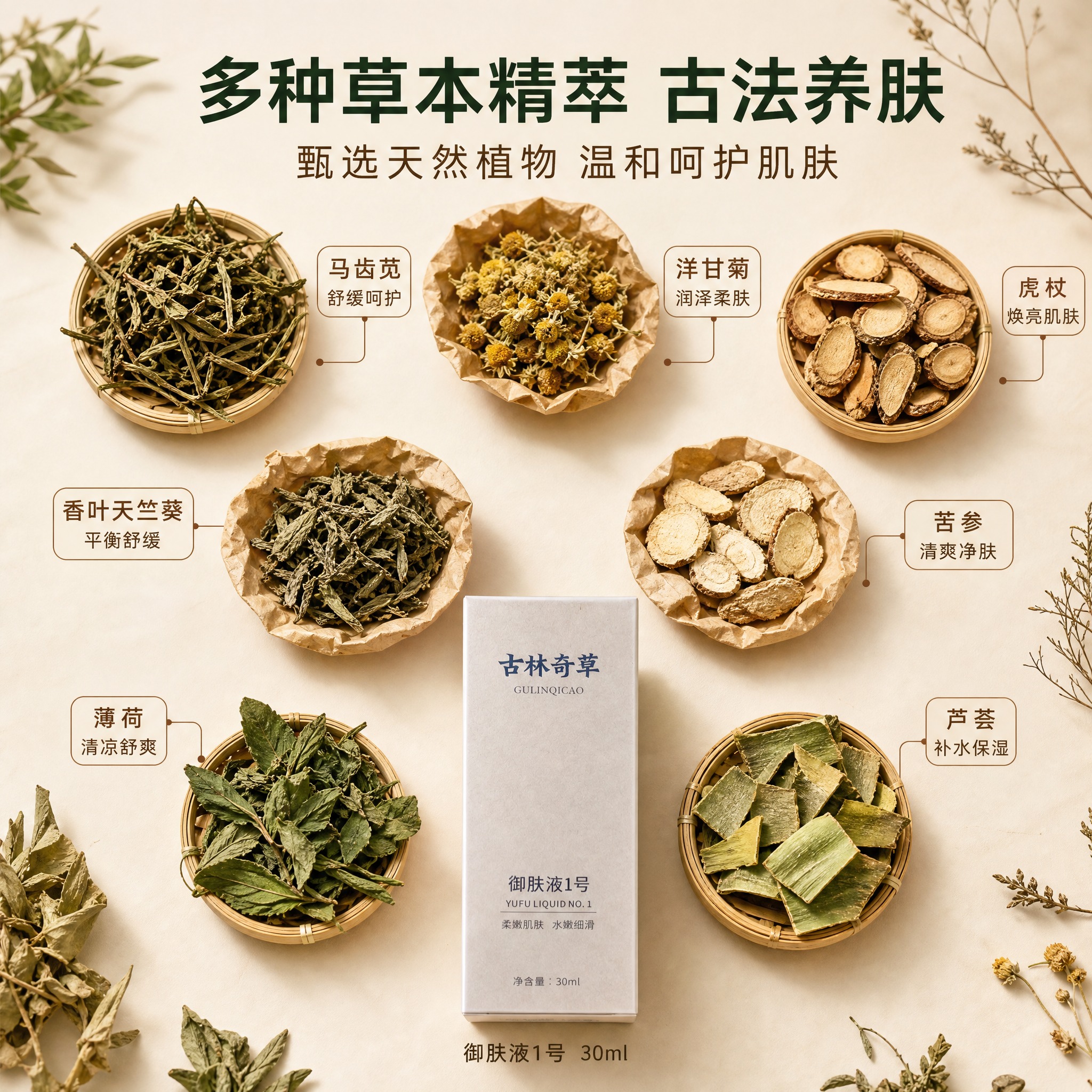 [主图-2] 核心成分解析，展示多种草本中药原料，突出植萃成分… - 图片创意预览