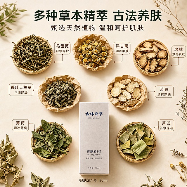 [主图-2] 核心成分解析，展示多种草本中药原料，突出植萃成分来源与功效。
[统一基调] 整体风格为草本天然中药质感，背景主色为浅米白+浅棕木色，标题字色为深墨绿，辅助字色为深棕色，强调色为赭石红，字体为干净非衬线体，字号层级分明，卡片用细描边圆角样式，整体传递专业靠谱的天然护肤感。
[画面] 产品包装盒放在画面底部中央，占画面约30%，正面展示。画面上半部分和两侧展示多种晒干的中药材草本原料，采用平铺陈列方式，包括干马齿苋、金黄洋甘菊干花、虎杖根干片、香叶天竺葵干叶、苦参干片、田野薄荷叶、芦荟干片等，每种草本都用小竹碟或麻纸盛放，整齐排列成2-3行，形态为自然晒干的中药样子，颜色为自然的黄褐色、深绿色、棕褐色。每种草本旁边有细线引出的小标签，标注草本名称和对应功效，如「马齿苋 舒缓呵护」「洋甘菊 润泽柔肤」「虎杖 焕亮肌肤」「苦参 清爽净肤」「芦荟 补水保湿」「薄荷 清凉舒爽」等。画面顶部有主标题区域。
[光影质感] 俯视平铺商业摄影质感，光线均匀柔和，从上往下照射，每种草本的纹理细节清晰可见，竹碟和麻纸有自然的阴影，整体呈现中药房或草本研究的专业氛围。
[配色] 主色浅米白背景，草本原料为自然的黄褐色、深绿色、棕褐色系，标题文字深墨绿，标签文字深棕色，细线为浅棕色，整体色调统一温暖。
[文字版式] 顶部主标题大字「多种草本精萃 古法养肤」，下方副标题「甄选天然植物 温和呵护肌肤」。每种草本旁的小标签用圆角细线框，内文为草本名称+功效关键词，字号较小但清晰。底部产品旁有小字「御肤液1号 30ml」。所有文字使用同一种非衬线字体，层级分明。
[输出要求] 1:1正方形比例，文字清晰可读，草本原料形态真实自然，产品包装盒清晰。负向：禁止出现生产厂家信息，禁止写具体多少种草本（只写多种草本），禁止夸张医疗功效，禁止变形、错字、模糊、杂乱、水印、平台Logo，禁止出现人物。