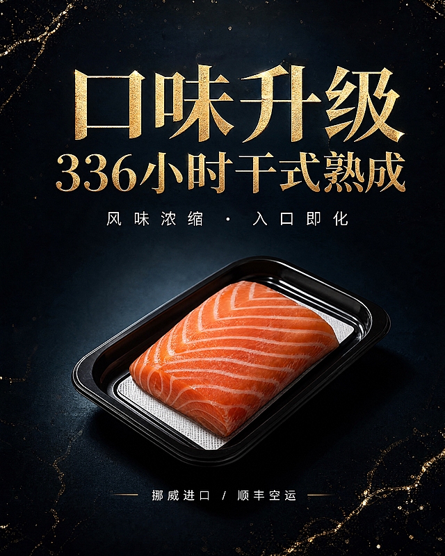 高端三文鱼干式熟成产品海报，深黑藏青色背景带细碎金箔纹理，主色调黑色配哑光金色，辅助色冰蓝色冷调。黑色塑料托盘中放置一块橙红色三文鱼鱼肉，脂肪纹理清晰呈白色纹路，鱼肉颜色温润自然，熟成鱼肉质感，不过度饱和不艳俗。侧上方柔和光线打亮鱼肉纹理，突出脂肪白色纹路，柔和暗角效果，无刺眼强光无闪光灯。产品盒子底部有柔和自然投影，模拟真实放置，边缘轻微环境光融入深色背景。产品居中偏下放置，上方留出充足呼吸空间。顶部大标题"口味升级 336小时干式熟成"，粗烫金书法感粗衬线字体，力量感主视觉大字。副标题"风味浓缩・入口即化"，纤细无衬线白色字体，字间距适当拉大优雅透气。底部有小字标签"挪威进口 / 顺丰空运"，简约无衬线常规字重，阅读清爽。整体高端精致暗调奢华，商业摄影质感。