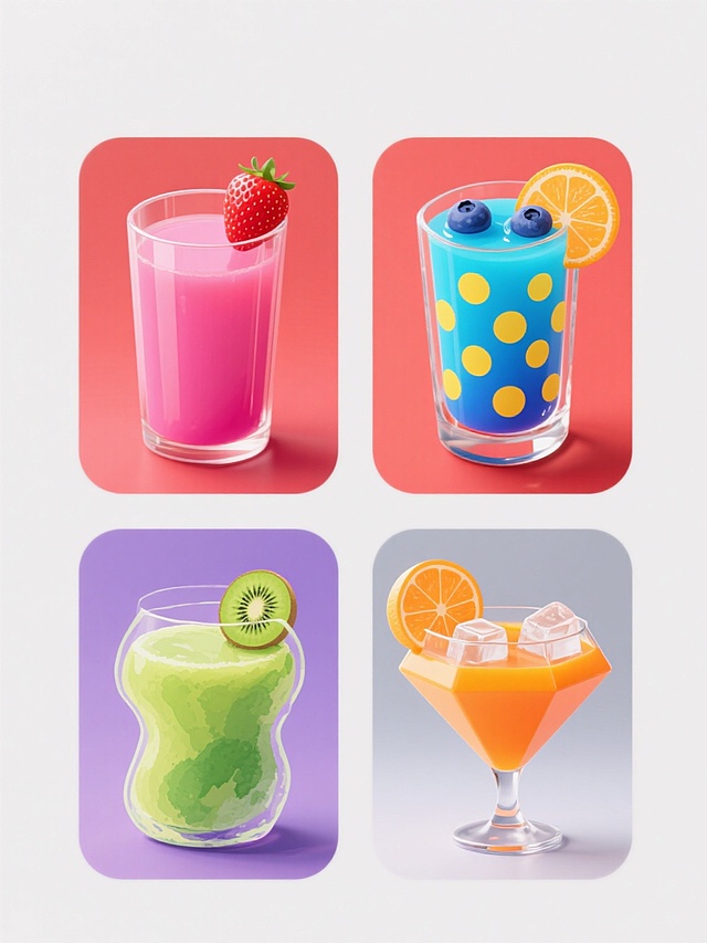 纯色背景下规整排布的果汁系列素材集合，包含四个完全不同风格和造型的果汁玻璃杯。第一个是极简主义风格，透明圆柱形玻璃杯装着亮粉色草莓汁，杯口有一颗完整草莓装饰，背景为纯白色；第二个是波普艺术风格，方形玻璃杯中装着亮蓝色蓝莓汁，杯身有黄色圆点图案，背景为红色；第三个是手绘水彩风格，不规则形状玻璃杯装着嫩绿色猕猴桃汁，杯壁有水彩晕染效果，背景为淡紫色；第四个是3D立体风格，菱形玻璃杯中装着橙色橙汁，杯底有冰块立体感十足，杯口有橙片装饰，背景为浅灰色。每个玻璃杯都保留果汁内容，整体色彩丰富多样，造型独特，排列整齐有序。