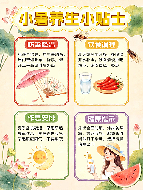 小暑养生科普攻略分享卡通风小红书配图