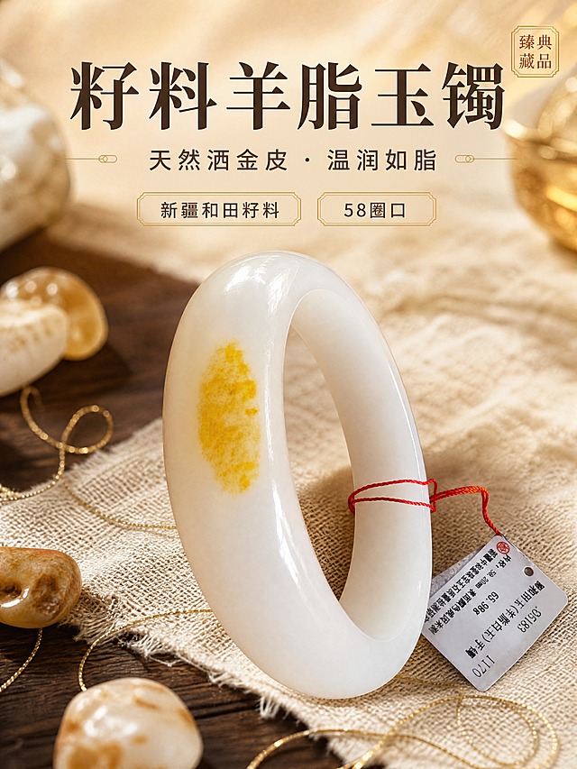 [商品] 使用【图1】新疆和田籽料羊脂玉平安镯：保留扁条圆环结构、暖白乳白玉色、外侧集中金黄色天然洒金皮、红绳系绳与鉴定标签原文字；不改变玉镯比例、颜色与皮色分布，增强油脂光泽与温润质感。
[画面] 目标打造首屏氛围头图，商品主角型构图：玉镯斜置于米白亚麻布与深木案台上，前景散落和田玉原石籽料与金色丝线，中景玉镯占画面约70%，后景虚化暖光与柔和阴影；阅读动线从上至下：主标题、玉镯、副标题。
[视觉] 套系策略：风格=新中式高端珠宝商业摄影；标题字=端庄衬线宋体加粗；正文字=简洁无衬线体；主色=暖米白；背景延展=暖米白/浅驼麻布/原木色做深浅层级，细腻织物与岩石玉质肌理；强调色=鎏金色，仅用于细线框、引线、印章角标与局部光效；标题色=深墨棕；正文色=暖灰棕；组件=细金线信息卡、小篆印章角标、金色细引线；光影=柔和前侧暖光，温润不刺眼。
[文字] 画面上方放主标题"籽料羊脂玉镯"（横向大字），下方放副标题"天然洒金皮 · 温润如脂"，配2个信息点"新疆和田籽料""58圈口"，所有文字横向排版，不遮挡玉镯主体与皮色。
[规格] 图片比例3:4竖版，分辨率4K；避免玉镯变形、玉色改变、皮色移位、错字、竖排文字、文字过小、水印、平台logo、冷蓝/蓝灰背景。
