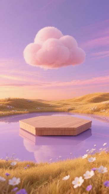 3D渲染风格，整体画面以温暖的橙色和柔和的紫色为主色调，天空呈现渐变的粉紫色晚霞效果，漂浮着形态圆润、边缘柔和的淡粉色云朵，地面是起伏的金黄色草原，点缀着白色和淡紫色的野花，中央有一个六边形的浅棕色木质平台，平台边缘有自然的木纹肌理，平台下方是清澈的浅紫色水面，水面倒映着天空和平台的轮廓，整体氛围宁静而梦幻，光线柔和，阴影细腻，构图采用低角度仰拍，突出平台与自然景观的融合，具有清晰的视觉层次和……预览效果
