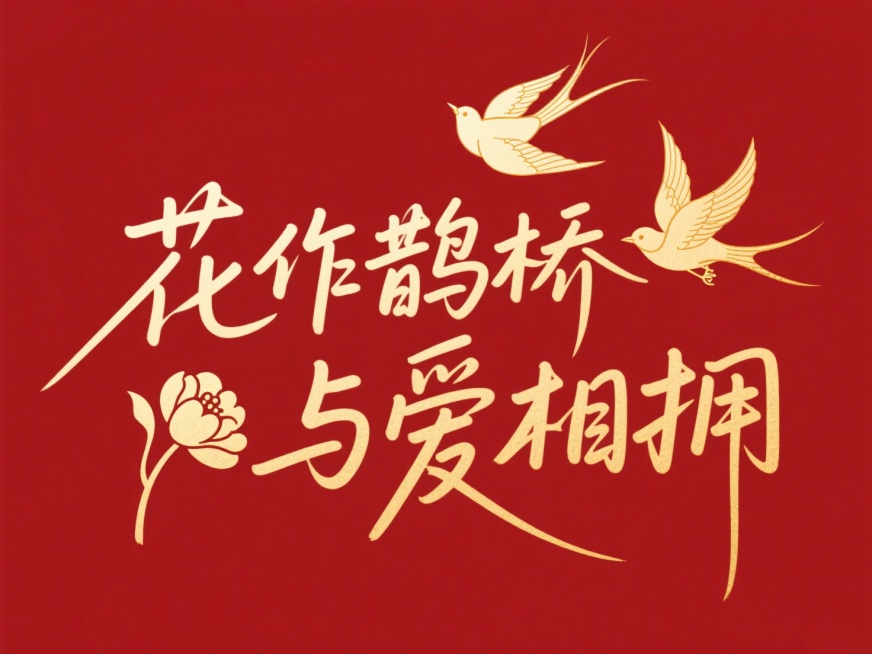 文字“ 花作鹊桥 与爱相拥 ”，文字穿插点缀扁平金色花朵和两只金色喜鹊。高级感，深红底金字。预览效果