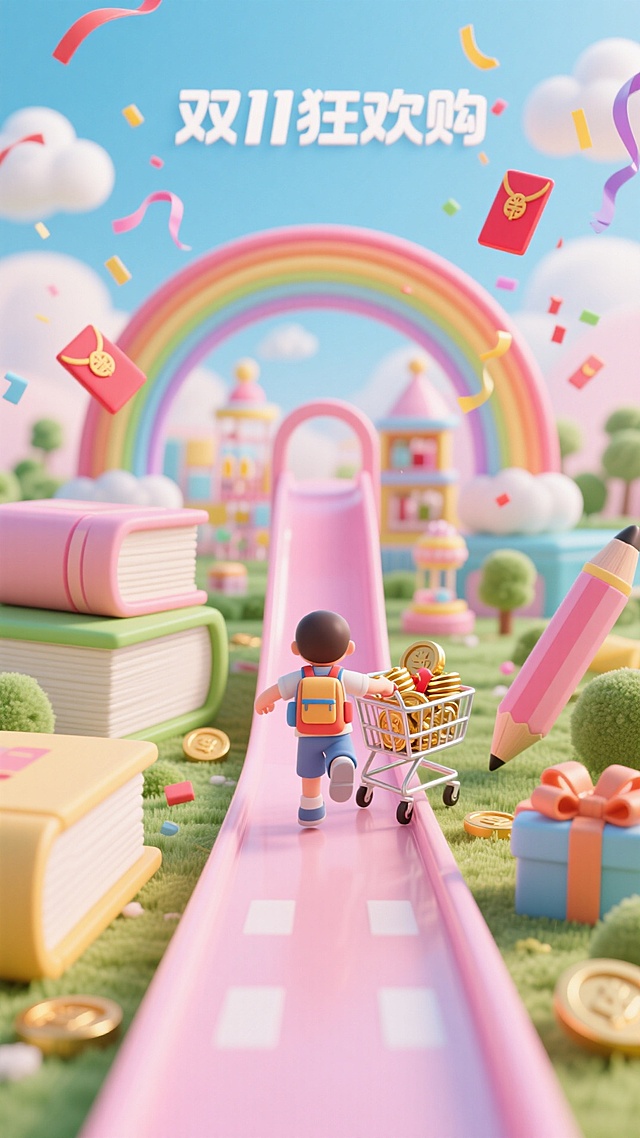 提示词跑道两边是巨大的书本和笔，背着书包的背!去，“双11狂欢购”彩虹拱门延物滑梯跑道，空中点缀彩带、红包，背是是马卡龙色蓝天白云下的童趣购物乐园