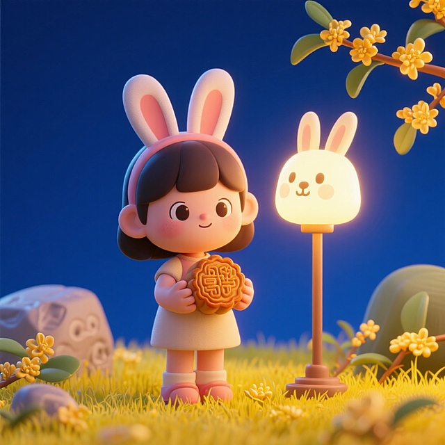 小小的女孩带着兔耳朵为中心，拿着一个月饼·，旁边立着一个发光的兔脸兔耳灯，周围点缀桂花与黄色草甸，背景深蓝简洁，柔和暖光，中秋治愈氛围