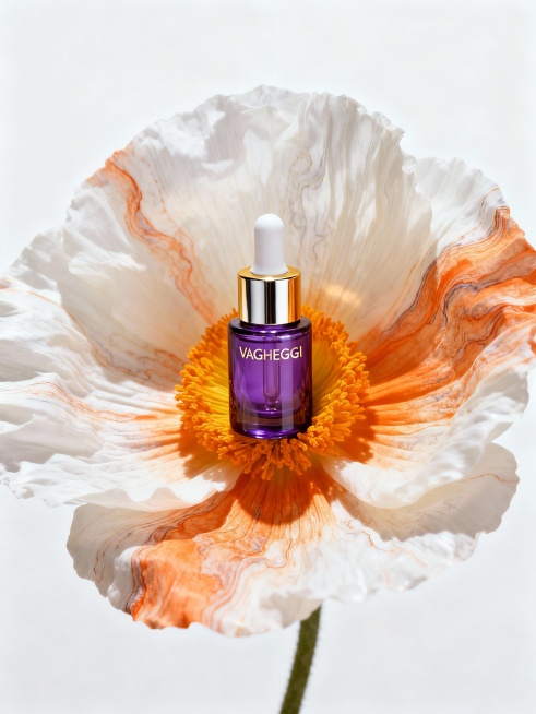 主体内容为韵姿小紫瓶精华（紫色玻璃瓶身、金色瓶盖，白色吸滴管，瓶身印（VAGHEGGI)品牌标识），放置在巨型艺术花的花心处；场景设定在纯白简约背景前，花为白橙渐变纹理的大朵花瓣形态；风格参考高端美妆预览效果