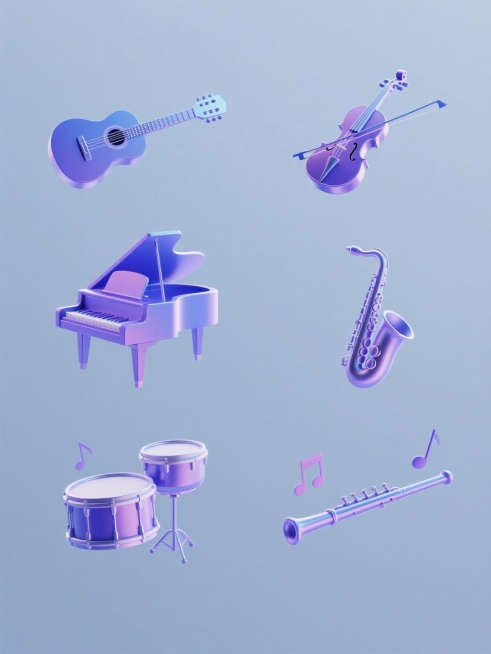 6个规整排布的现代简约风格3D乐器素材，每个素材均采用蓝紫色渐变金属质感，包含不同乐器（如吉他、钢琴、小提琴、萨克斯、鼓、长笛等），造型简洁流畅，搭配少量同色系渐变音符装饰，悬浮于纯色背景上，无文字、无logo、无水印，整体光影柔和，高光细腻，保持统一的简约科技感视觉风格。预览效果