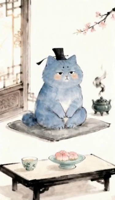 00:00-00:03 铺垫期，景别为中景，固定机位，微秒级缓慢推近。蓝色小猫正微微低头，似在闻茶香，动作安静缓慢。画面保持稳定，强调线条的细腻感与留白，色调偏暖青。搭配悠扬古筝曲作为背景音效，叠加轻预览效果