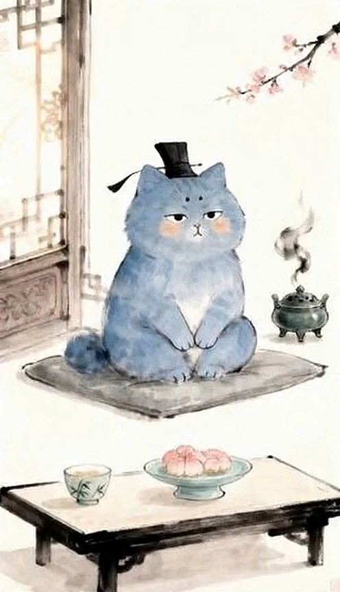 水墨风插画，拟人化蓝猫戴官帽品茶，工笔细腻，古典雅致，春日意境悠然。