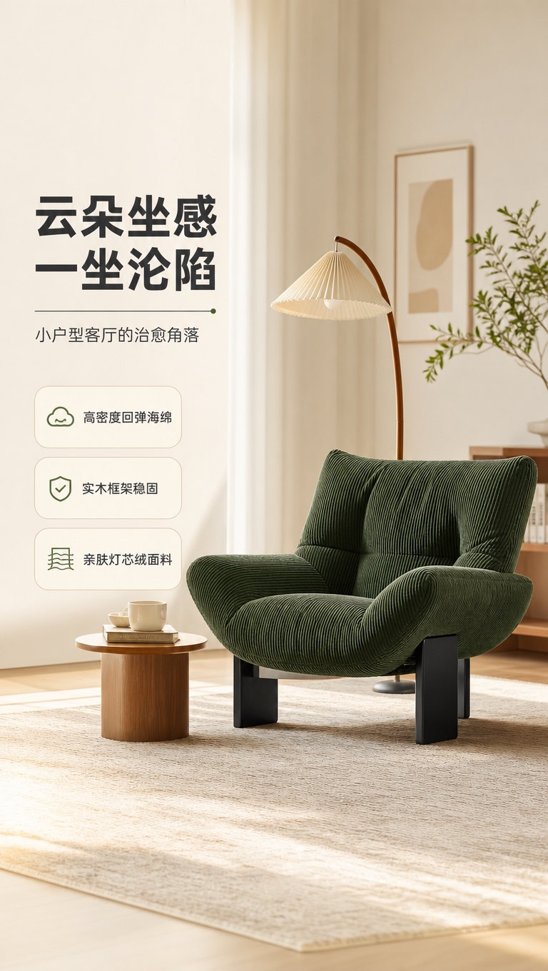 [商品] 使用【图1】墨绿色布艺休闲单人椅；保留整体造型、宽大… - 图片创意预览