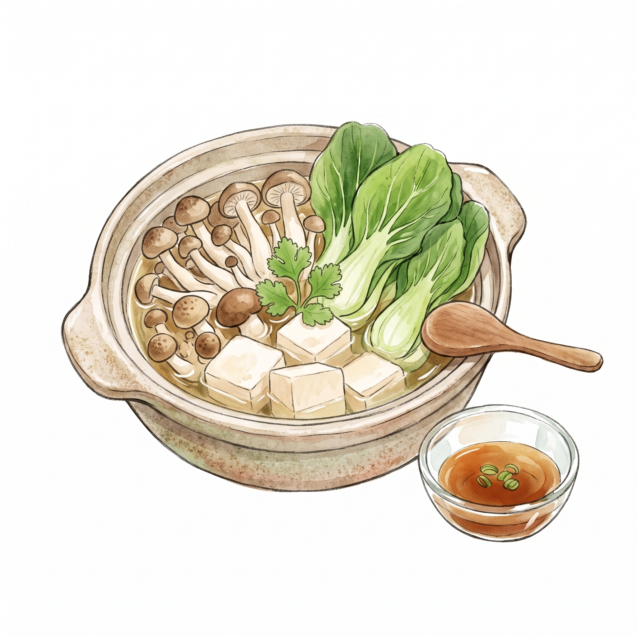 参考这个画风：水彩手绘，清新肌理质感，单人小火锅，清汤锅底，摆… - 图片创意预览