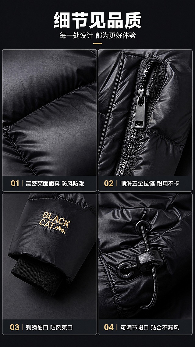 [商品] 使用【图1】黑色长款连帽羽绒服；商品处理：保留拉链、帽口抽绳、袖口刺绣、横向绗缝、黑色亮面面料和五金配件；放大局部时增强面料纹理、缝线针脚、拉链齿和刺绣细节质感，不改变原有结构和颜色。
[画面] 目标：细节材质体验页，展示工艺与用料品质。构图：4宫格细节拼贴，左上=面料微距光泽+绗缝缝线，右上=拉链头五金+拉链口袋开合，左下=袖口"BLACK CAT"金色刺绣标+防风袖口，右下=帽口抽绳调节扣。每格独立近景特写。主体占画面80%。前中后景：每格为独立微距空间，深灰底色统一。阅读动线：从左上到右下，逐格浏览细节。
[视觉] 套系策略：风格=高端机能户外商业摄影；标题字=现代无衬线粗黑体；正文字=简洁无衬线体；主色=哑光黑+深炭灰；背景延展=基于深炭灰做每格独立渐变、微弱反光和高级质感底；强调色=香槟金，仅用于小面积图标、引线、标签和数字高亮；标题色=纯白；正文色=浅银灰；组件=细金线分隔、每格下方短标签；光影=每格侧前柔光，突出材质纹理。
[文字] 顶部主标题"细节见品质"，副标题"每一处设计 都为更好体验"。4宫格每格下方分别标注：「高密亮面面料 防风防泼」「顺滑五金拉链 耐用不卡」「刺绣袖口 防风束口」「可调节帽口 贴合不漏风」。文字全部横排。
[规格] 图片比例9:16竖版，4K，避免变形、错字、文字过小、刺绣文字错误、面料颜色改变、极限词。