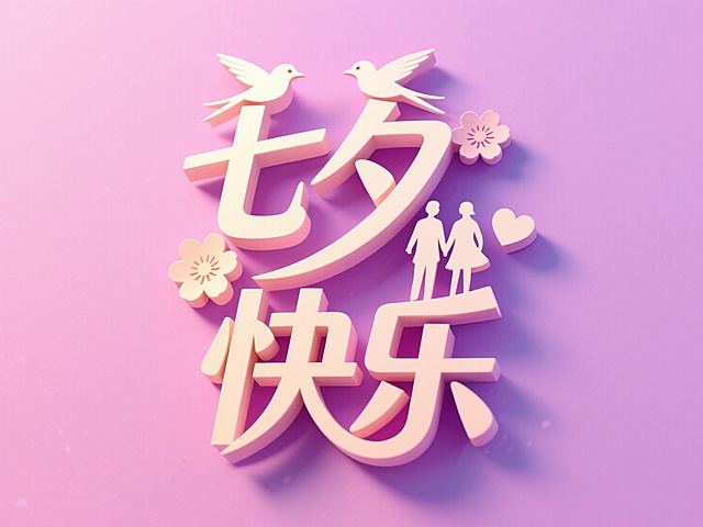 3D风格大字设计，融入浪漫元素与甜美樱花，营造七夕节温馨氛围。