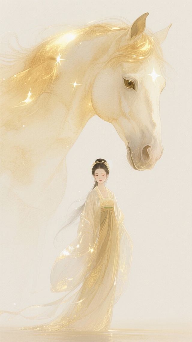 梦幻光影中，古典仕女与鎏金白马共舞，工笔细腻，水彩晕染，唯美感与优雅感交织，中式意境如诗如画。