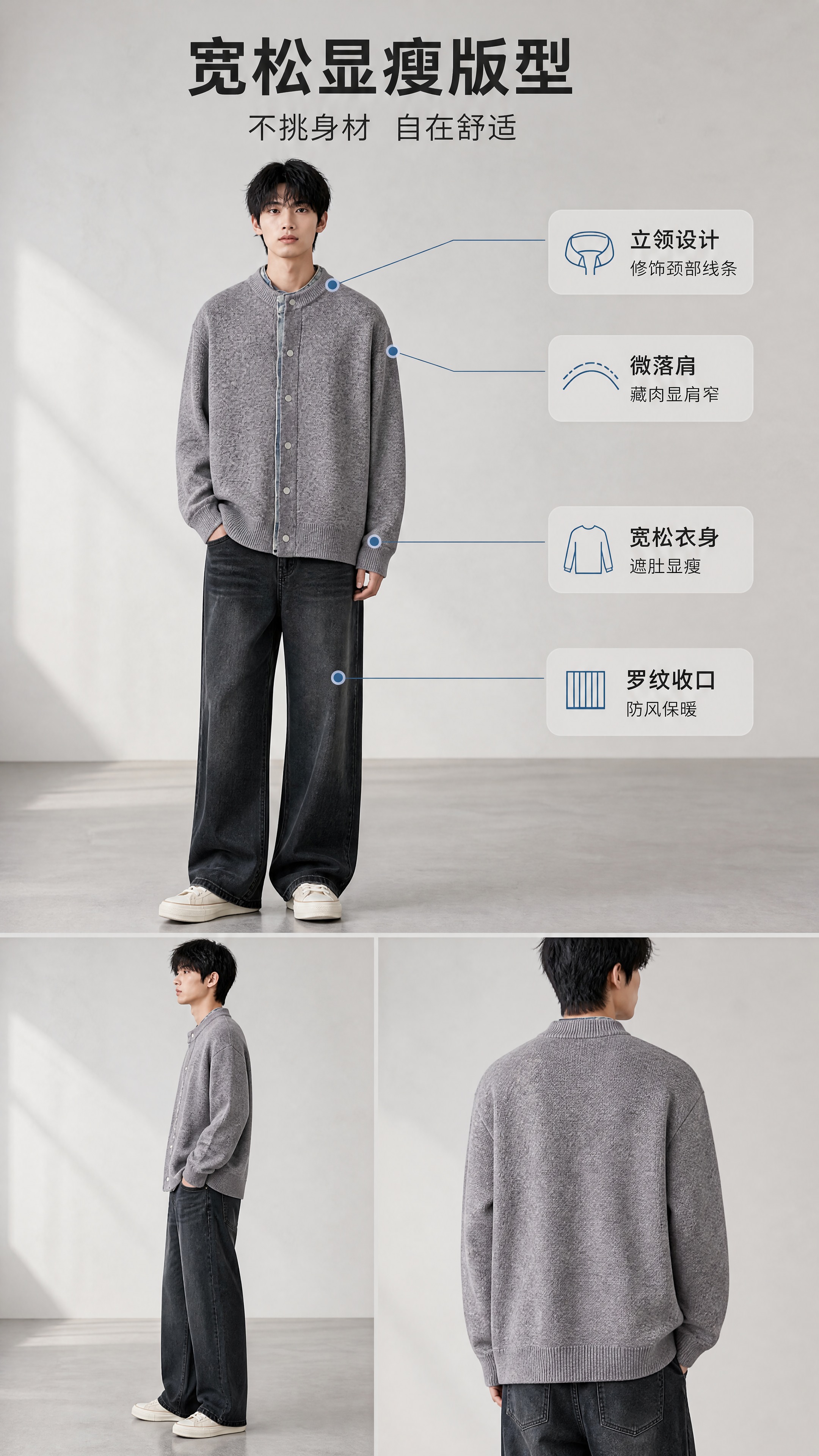 [商品] 使用【图1】灰色假两件牛仔拼接立领针织开衫；商品处理… - 图片创意预览