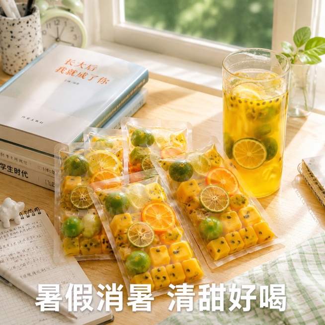 [主图-4] 学生暑假休闲场景图，模拟暑假宿舍书桌场景，保持产品独立包装外观与输入产品图一致，几包独立包装摆放在书本旁边，一杯泡好的黄亮色果茶放在桌边，窗外透进自然光，营造暑假放松舒适的使用场景。真实预览效果