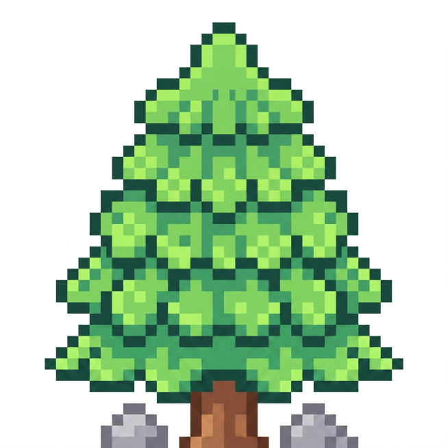 在上一版青松像素画基础上修改，参考样图让松树边缘更圆润，增加树整体高度，舒展最下层被挤压的树叶，保证所有像素格大小一致，保留短树干和两侧石块，保持像素画风格和干净白色背景，不要做成圣诞树样式预览效果
