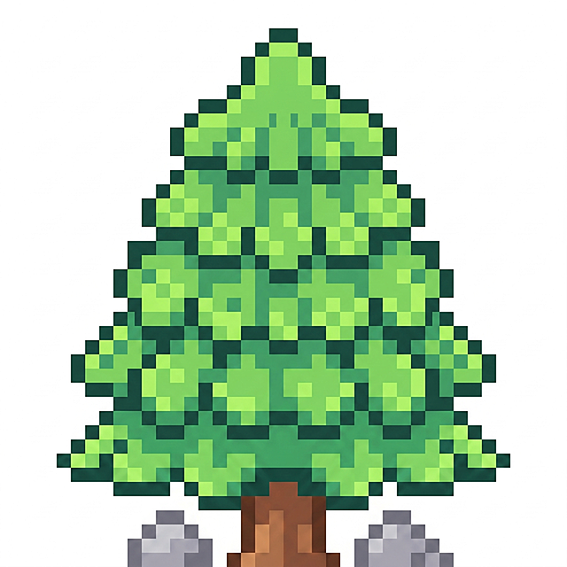 在上一版青松像素画基础上修改，参考样图让松树边缘更圆润，增加树整体高度，舒展最下层被挤压的树叶，保证所有像素格大小一致，保留短树干和两侧石块，保持像素画风格和干净白色背景，不要做成圣诞树样式