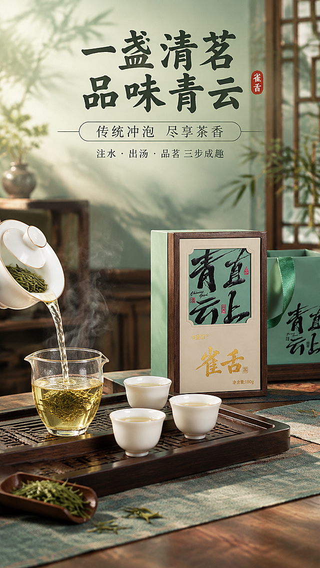 [商品] 使用【图1】青云直上雀舌绿茶礼盒，礼盒置于画面右侧茶席上，占画面约30%，保留礼盒完整外观与文字细节。
[画面] 目标：冲泡仪式感场景，营造雅致品茗氛围。构图：左茶右礼，茶席场景横向铺陈。左侧：中式茶席，深棕木质茶盘，白瓷盖碗冲泡雀舌茶，公道杯、品茗杯分列，茶汤倾泻而下的动态瞬间，蒸汽袅袅升腾。右侧：礼盒端正摆放于茶席后方。前景：茶席布纹理、几片散落茶叶。中景：茶具与礼盒清晰。后景：虚化的中式窗棂、竹影，自然光从左侧照入。整体≥3层环境元素。
[视觉] 套系策略：风格=东方雅致新中式商业茶礼摄影；标题字=书法宋体结合，厚重有笔锋；正文字=简洁宋体；主色=青绿色+深木棕；背景延展=基于青绿与木棕做深浅层级、同色渐变和宣纸/木纹质感；强调色=烫金色，仅用于小面积图标、引线、标签和重点文字；标题色=深墨黑；正文色=暖炭灰；组件=细线引线、圆角米白信息卡、印章式标签；光影=左侧自然窗光，柔和漫射，茶汤通透有高光，木质纹理温润。
[文字] 画面上方主标题：一盏清茗 品味青云；副标题：传统冲泡 尽享茶香；下方小字：注水 · 出汤 · 品茗 三步成趣。文字横排于顶部留白区，不遮挡茶具与礼盒主体。
[规格] 图片比例9:16竖版，4K分辨率，负向提示：避免茶具破损、场景杂乱、颜色偏差、京东logo、平台水印、虚假功效。