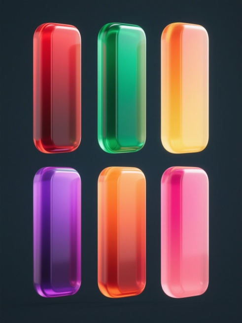 六个完全相同风格的3D透明渐变材质元素，保持8元素类目，每个元素具有不同的整体色彩（如红色、绿色、黄色、紫色、橙色、粉色），元素表面有光滑的高光和细腻的阴影过渡，纯色背景，所有元素规整地排列成一个系列预览效果