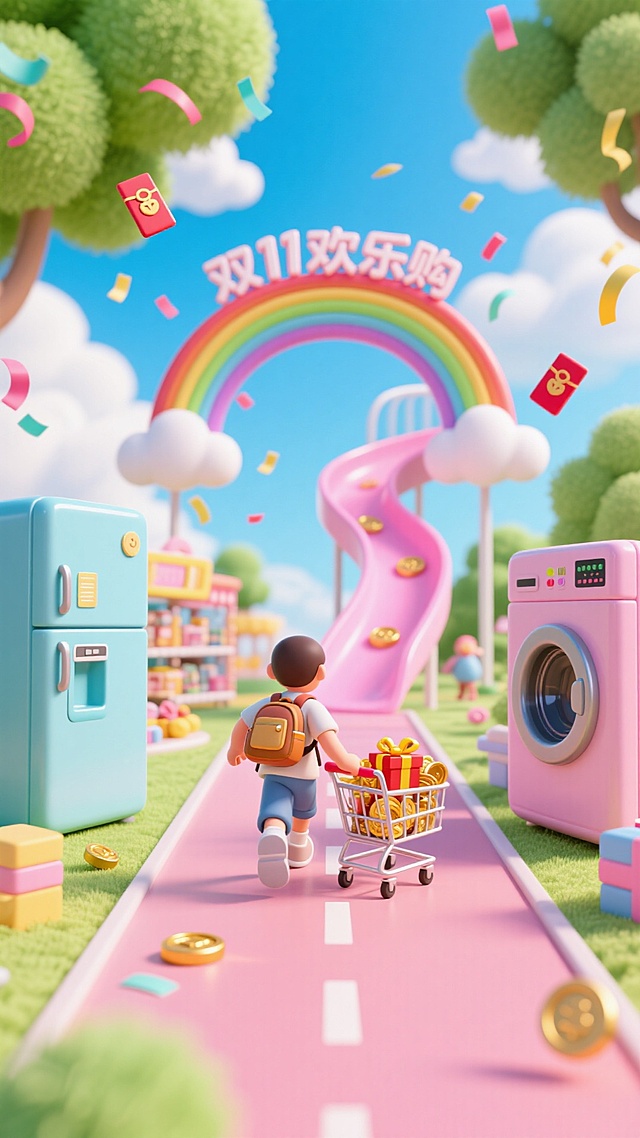 跑道两边是巨大的冰箱和洗衣机，背着书包的背影拉着装满金币、礼物的购物车朝拱门方向跑去，“双11欢乐购” 彩虹拱门延伸出粉色购物滑梯跑道，空中点缀彩带、红包，背景是蓝天白云下的童趣购物乐园