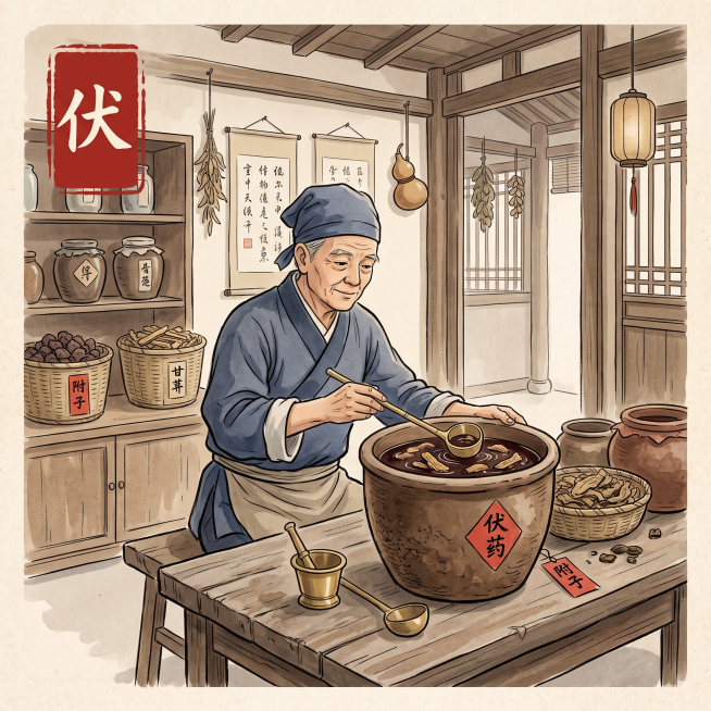 正方形插图，展示中药炮制方法伏，传统工艺，简洁国风背景，左上角标注文字"伏"预览效果