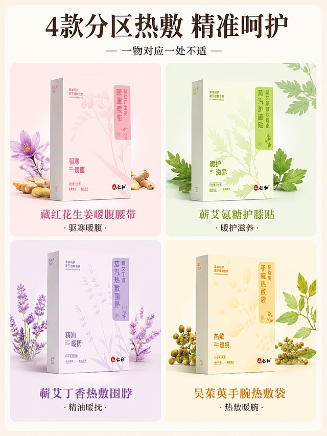 [第3屏] 四大单品总览矩阵——仁和草本蒸汽热敷系列4款产品分区展示。本屏使用【图1】作为4款产品主体，每款产品对应一个分区，产品外观与输入图完全一致。
[氛围/风格] 清新草本矩阵风，四宫格布局，每格对应一款单品的主色调，整体和谐统一，商业摄影质感。
[元素布局] 画面采用2×2四宫格布局，每格约占45%面积，格与格之间有细白边分隔；左上格：粉色背景，藏红花生姜暖腹腰带包装盒居中；右上格：浅绿背景，蕲艾氨糖护膝贴包装盒居中；左下格：淡紫背景，蕲艾丁香围脖包装盒居中；右下格：米黄背景，吴茱萸手腕热敷袋包装盒居中；每格内点缀对应草本植物图案（藏红花/艾草/丁香/吴茱萸）。
[光影质感] 每格内产品正面柔光照明，下方有自然投影，光线均匀，包装盒质感清晰。
[配色色系] 四宫格分别使用 #FCE4EC（粉）、#E8F5E9（绿）、#F3E5F5（紫）、#FFF8E1（黄）；整体边框与标题区为 #FAF5EE（暖米白）。
[视角构图] 2×2矩阵对称构图，阅读动线从左上到右下逐格浏览，顶部有统一标题区。
[文字版式] 顶部居中大标题「4款分区热敷 精准呵护」，副标题「一物对应一处不适」；每格内产品下方配产品名称+核心功效短句：左上「藏红花生姜暖腹腰带 · 驱寒暖腹」，右上「蕲艾氨糖护膝贴 · 暖护滋养」，左下「蕲艾丁香热敷围脖 · 精油暖抚」，右下「吴茱萸手腕热敷袋 · 热敷暖腕」；文字清晰不遮挡产品。
[比例分辨率] 3:4 竖版比例，4K 分辨率，文字清晰可辨，高清画质。
[负向提示词] 产品变形，颜色偏差，包装文字错乱，缺件错件，水印，文字过小。