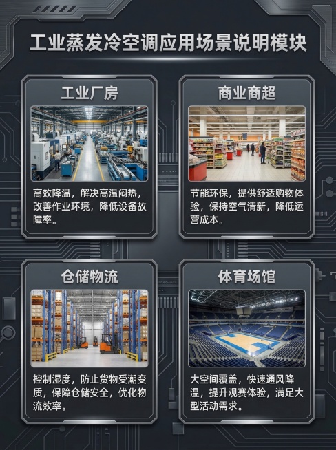 工业科技风，沉稳专业，3:4比例，工业蒸发冷空调应用场景说明模块，分类展示工业厂房、商业商超、仓储物流、体育场馆等适用场景，每个场景配对应实景小图，文字说明各场景适配优势，背景为深灰工业风格预览效果